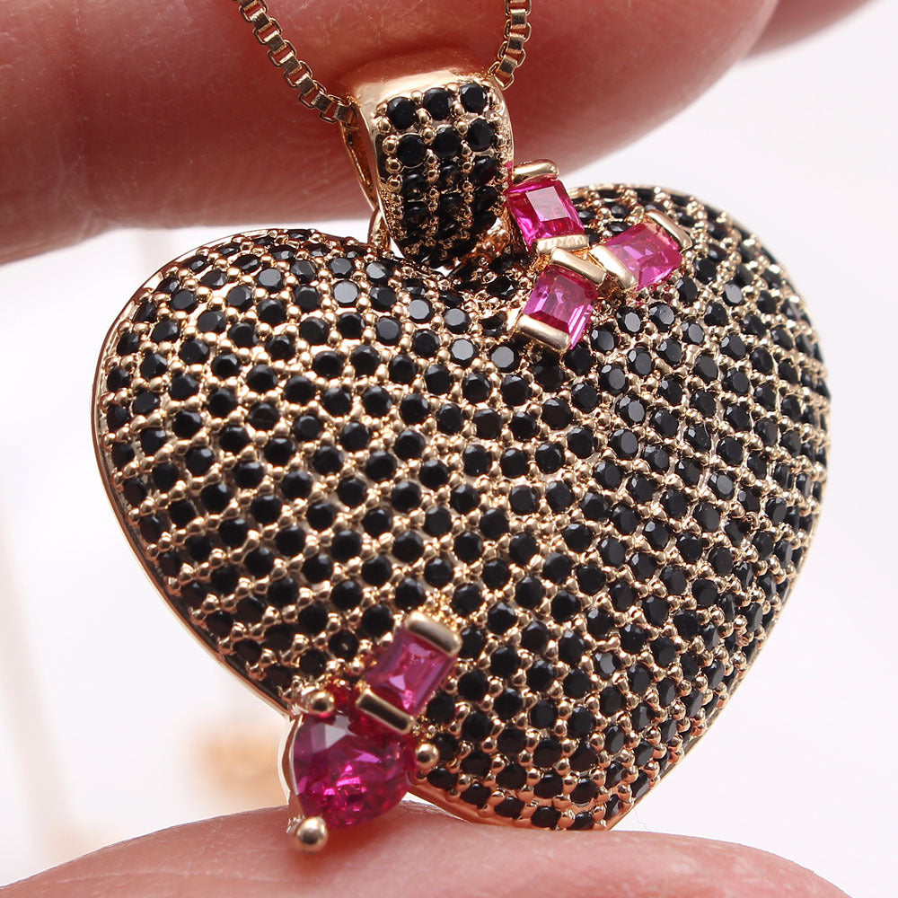 AAA Full Zirconium Necklace Women's Real Gold Plated Copper Peach Heart Necklace Jewelry